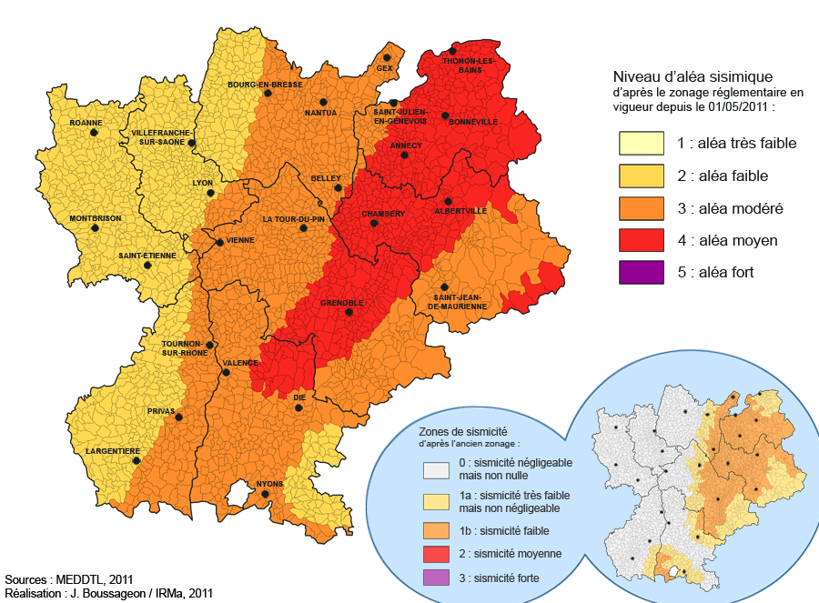 Nouveau et ancien zonage sismique de la rgion Rhne-Alpes