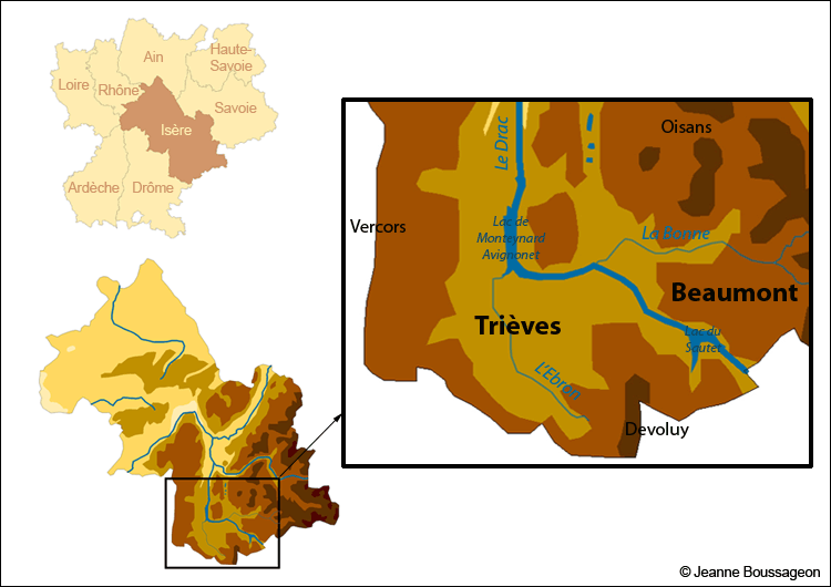 Localisation du Trièves et du Beaumont dans la région Rhône-Alpes
