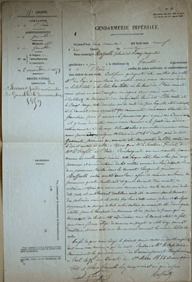 Procs verbal des Gendarmes Rappaelli Gabriel et  Leroy Auguste le 2 novembre 1859