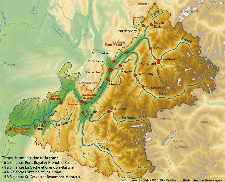 Localisation des stations hydromtriques actuelles utilises par le Service de Prvision des Crues Alpes du Nord