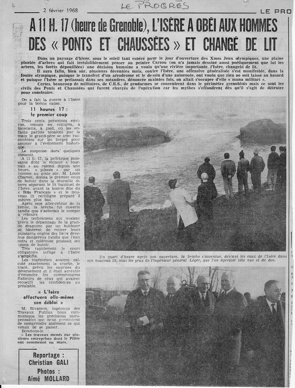 Article du Progrs de Lyon du 2 fvrier 1968 relatant la coupure de la boucle du Bois Franais