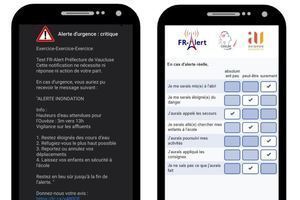 Notification reçue sur un smartphone Androïd (écran de gauche) ; Exemple de question avec des modalités de réponse prédéfinies (écran de droite) © P. Foulquier, J. Douvinet et D. Grancher