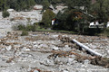 Crue de la Vésubie à Roquebillière lors de la tempête Alex - dégâts en amont du pont la route M65