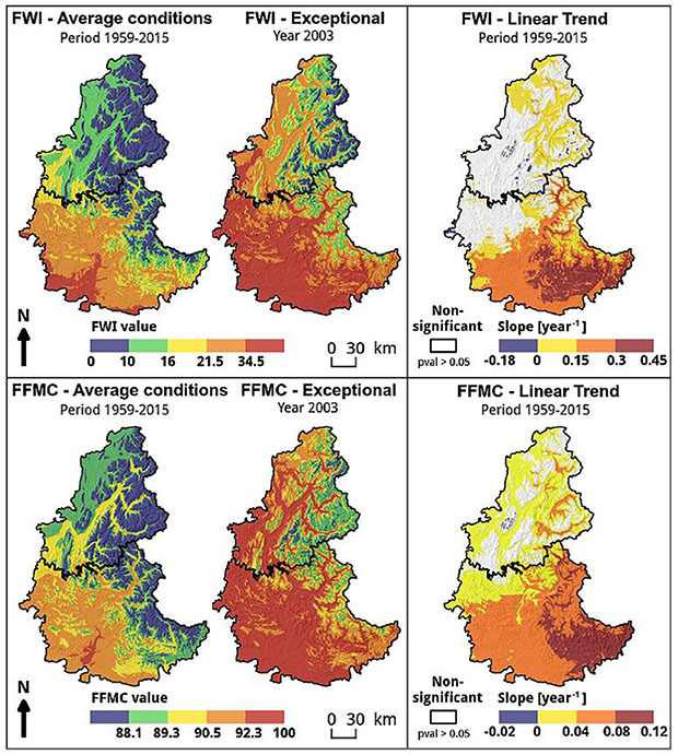 Valeur moyenne, valeur en 2003 et évolution de l’indice forêt météo pour les combustibles fins dans les Alpes françaises