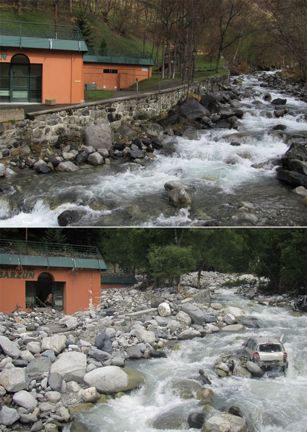Station thermale de Barèges-Barzun avant et après la crue © C-PRIM