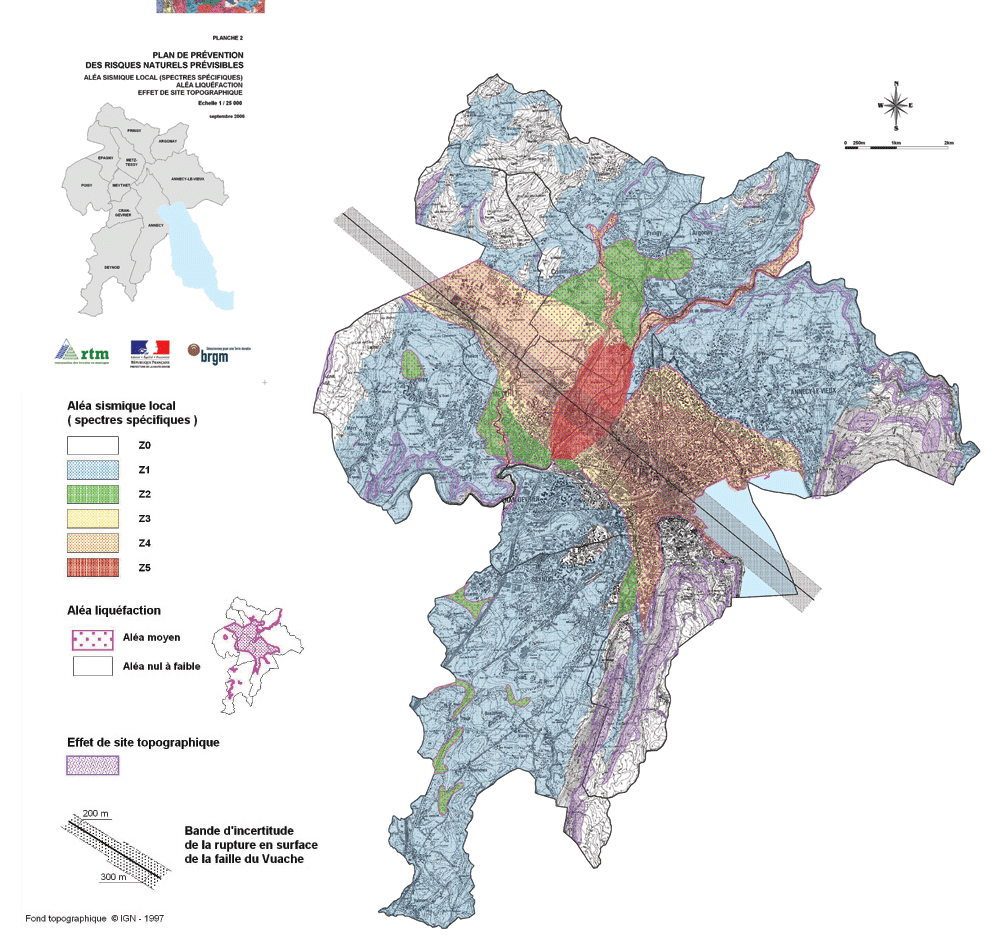 Carte de lAla sismique (EN PROJET) du bassin annecien (  DDE74, BRGM, RTM74)