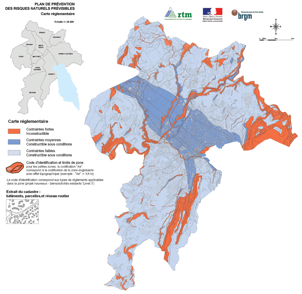 Zonage réglementaire (EN PROJET) du bassin annecien (© DDE74, BRGM, RTM74)