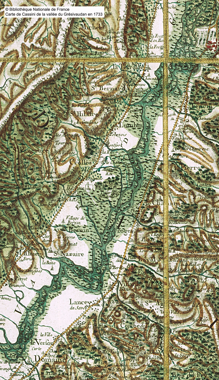 Carte de Cassini de 1733 représentant la vallée du Grésivaudan en amont de Grenoble