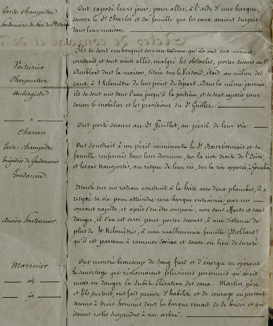 Extrait de  inondation des 1er, 2 et 3 novembre 1859 - Actes de courages et de dvouement  dress par le Prfet de l'Isre le 30 janvier 1860