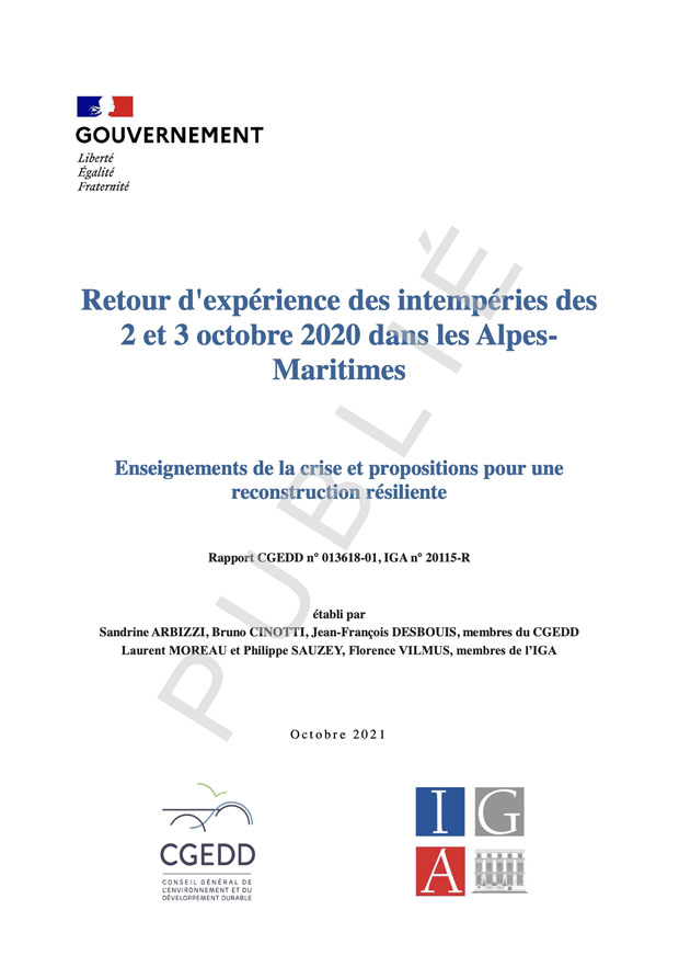 Retour dexprience des intempries des 2 et 3 octobre 2020 dans les Alpes-Maritimes - Enseignements de la crise et propositions pour une reconstruction rsiliente