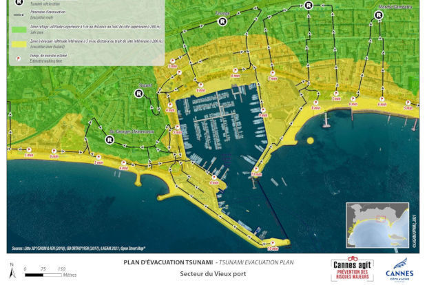 Plan dvacuation du quartier du Vieux port  Cannes. Les itinraires dvacuation depuis la ZTAE (en jaune) mnent aux sites refuges les plus proches (en vert). Ce travail, produit par lquipe de Montpellier III, a t intgr dans le PCS