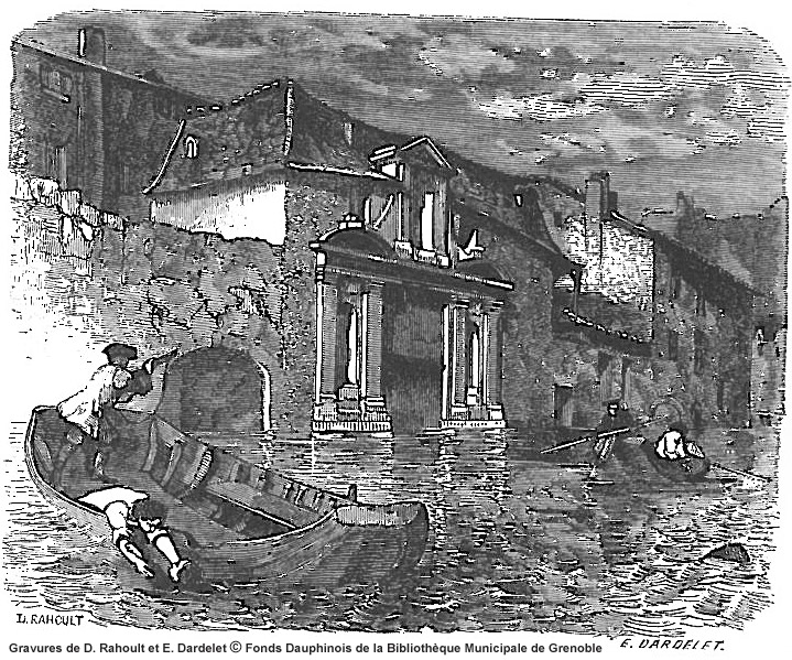 Crue de 1733 à Grenoble - Gravure sur bois de D. Rahoult
