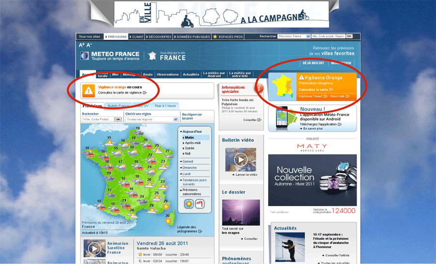 Page d’accueil du site Internet de Météo-France (le 26/08/2011)