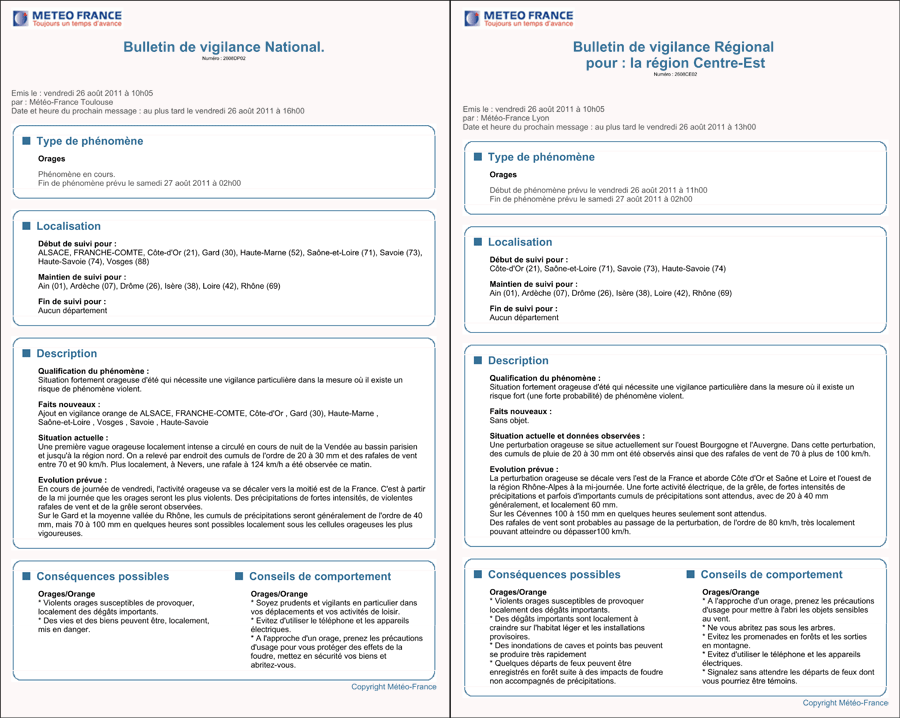 Exemple de bulletins national et régional (le 26/08/2011)