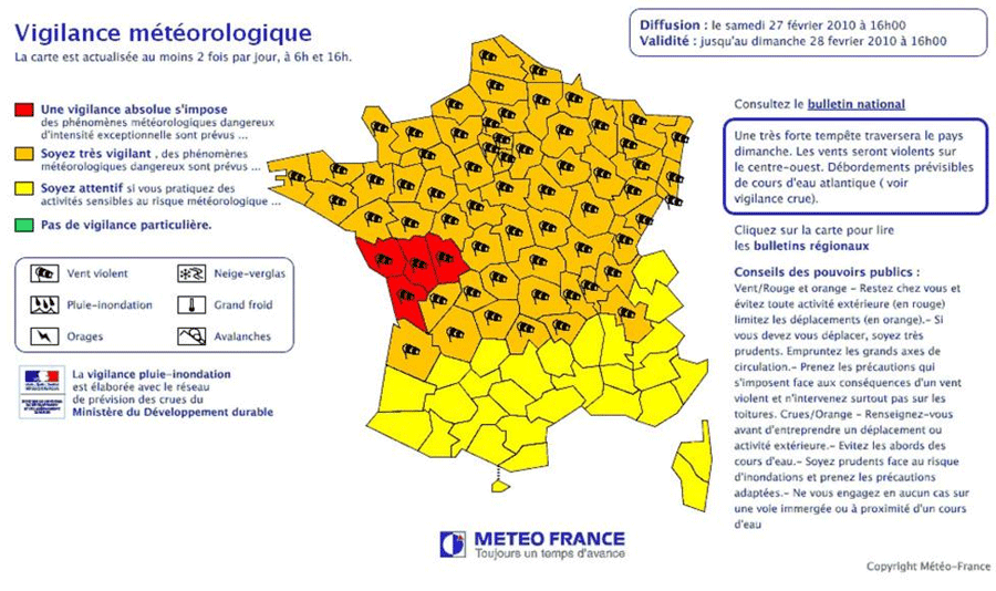 Carte de vigilance publiée le samedi 27 février 2010 après-midi pour informer de l’arrivée de la tempête Xynthia