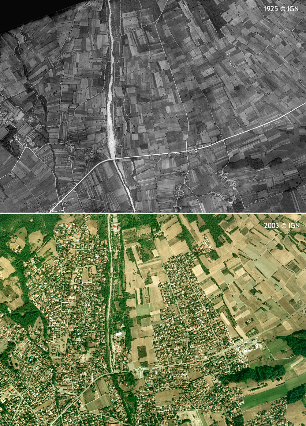 Evolution de l'urbanisation sur le cône de déjection du manival entre 1925 et 2003 en amont et en aval de l'actuelle route départementale 1090