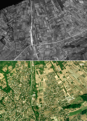 Evolution de l'urbanisation sur le cône de déjection du manival entre 1925 et 2003 en amont et en aval de l'actuelle route départementale 1090