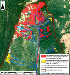 Degré de connexion des zones en érosion active du torrent du Manival en Isère © RTM38 / Cemagref