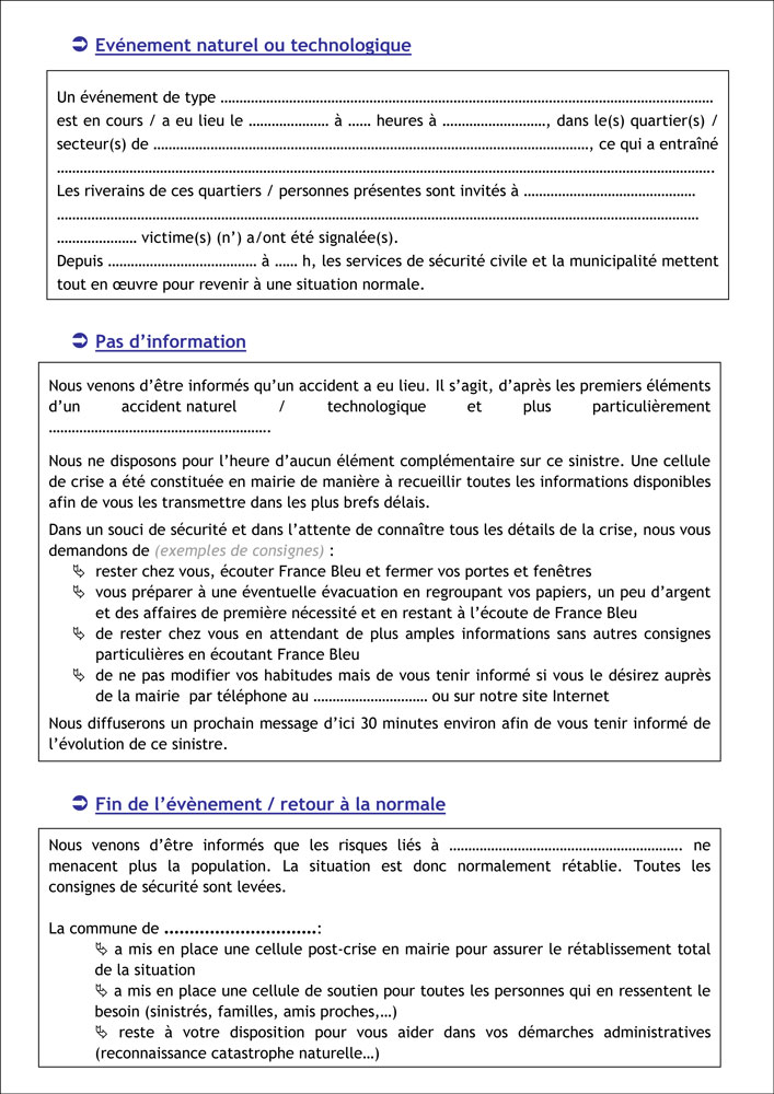 Exemples de messages types prpars pour diffrentes situations