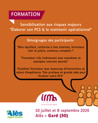 Du PCS sur le papier au PCS en action

En juillet et septembre 2026, l�IRMa est intervenu aupr�s d�Al�s Agglom�ration pour sensibiliser �lus et agents des communes membres � l��laboration et au maintien op�rationnel du Plan Communal de Sauvegarde.

R�glementation, exemples concrets, retours d�exp�rience et �changes de pratiques ont rythm� ces deux sessions, r�unissant une trentaine de participants.

Avec 100 % de satisfaction, ces formations ont confirm� l�int�r�t d�une approche pratique et adapt�e aux r�alit�s des collectivit�s.

Deux nouveaux rendez-vous sont pr�vus en novembre et d�cembre, autour du PCS et de la communication de crise.